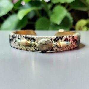 Brass Cuff Bracelet With Snake Print And Stone
